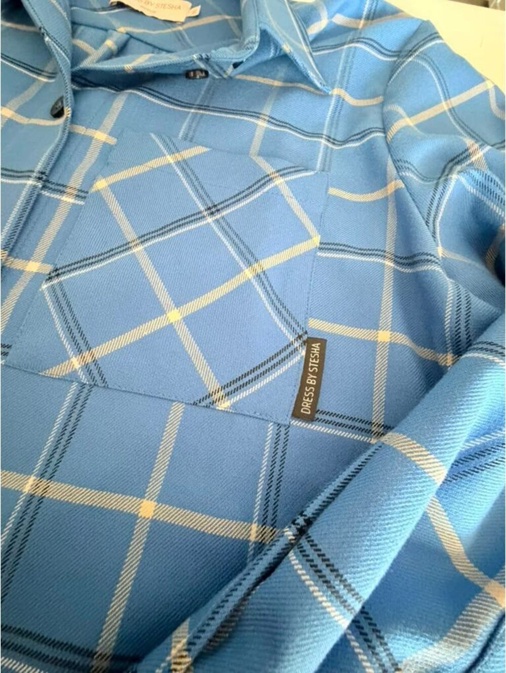 Dress by Stesha Moscow Designer Blue Plaid Oversized Button Down Shirt Size S-M - Picture 14 of 15